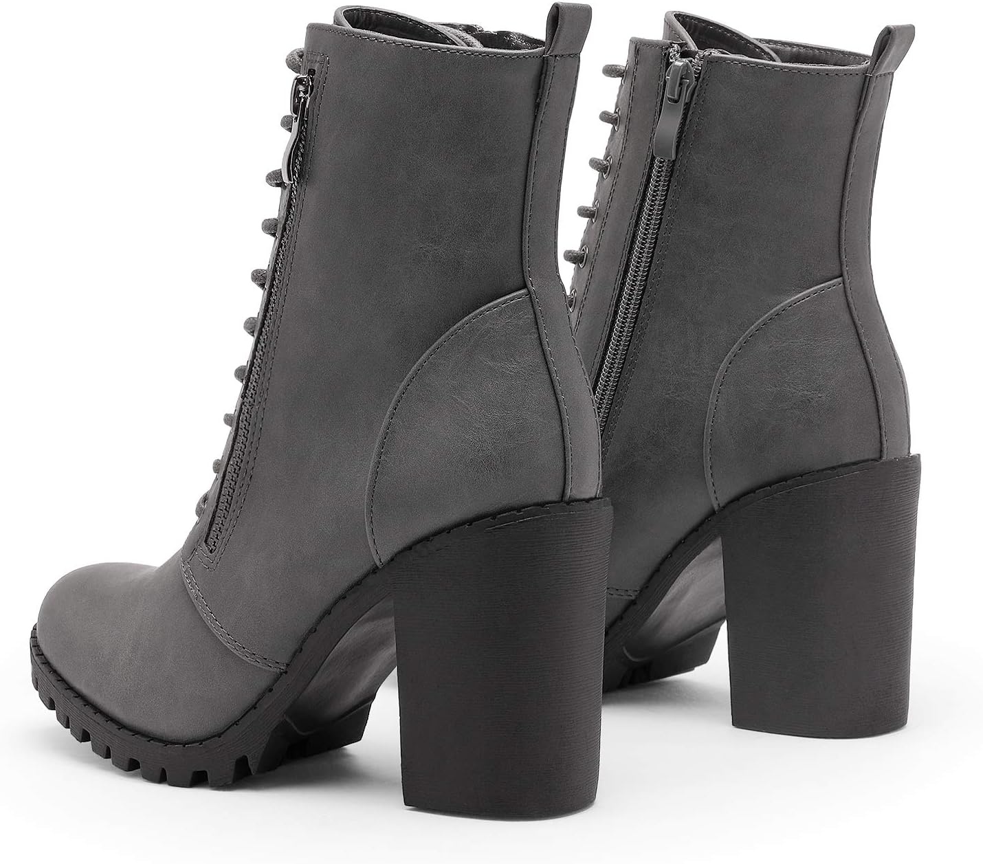 image:imageDREAM PAIRS Womens Combat Ankle Chunky Heel Lace up Booties Fashion High Heeled Ankle Booties Side zipper and adjustable lace up closure design for easy onoffGreyPu