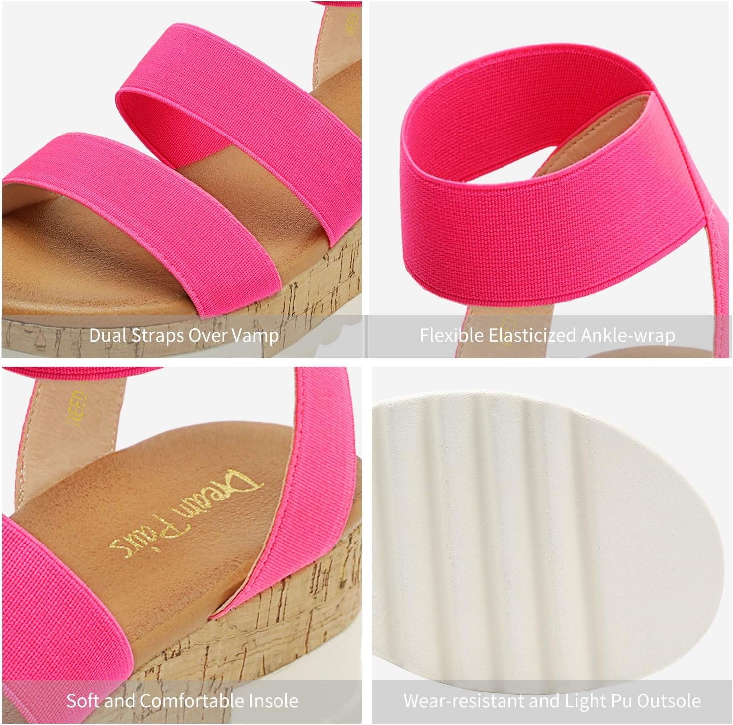 image:imageDREAM PAIRS Womens Open Toe Elastic Platform Wedge Sandals Lightweight flatform sandals with a cushioned footbed for walking vacations shopping and allday comfortNeonPink