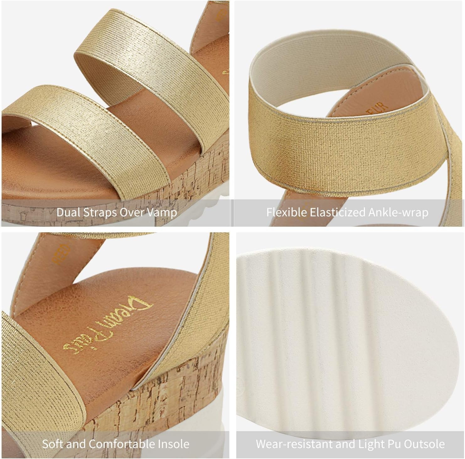image:imageDREAM PAIRS Womens Open Toe Elastic Platform Wedge Sandals Lightweight flatform sandals with a cushioned footbed for walking vacations shopping and allday comfortGold