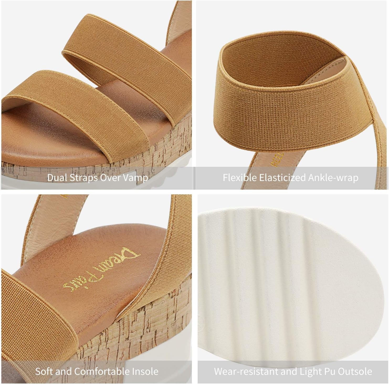 image:imageDREAM PAIRS Womens Open Toe Elastic Platform Wedge Sandals Lightweight flatform sandals with a cushioned footbed for walking vacations shopping and allday comfortCamel