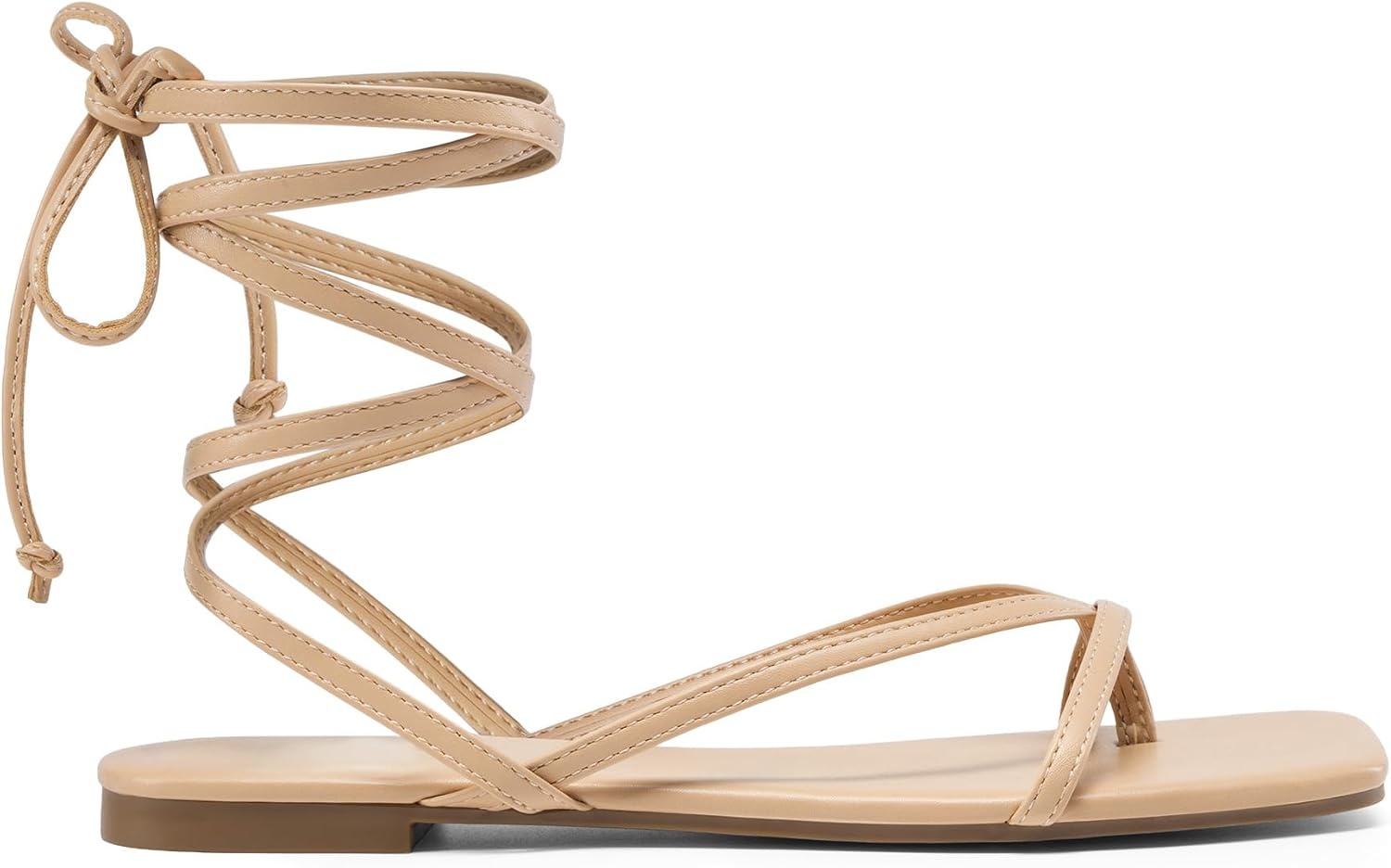 image:imageDREAM PAIRS Womens Strappy Lace Up Summer Flat Sandals Comfortable Thong Design Gladiator Dressy Square Toe Tie Up Sandals for Walking Beach Vocation City Walks TravelNude