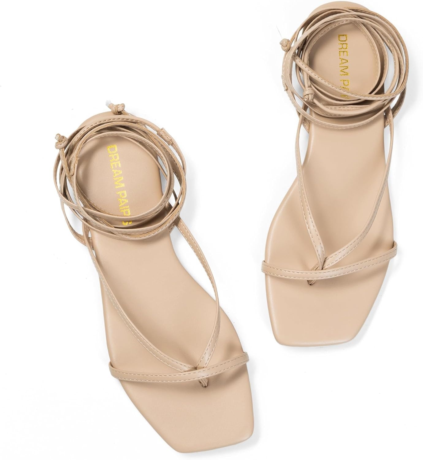 image:imageDREAM PAIRS Womens Strappy Lace Up Summer Flat Sandals Comfortable Thong Design Gladiator Dressy Square Toe Tie Up Sandals for Walking Beach Vocation City Walks TravelNude