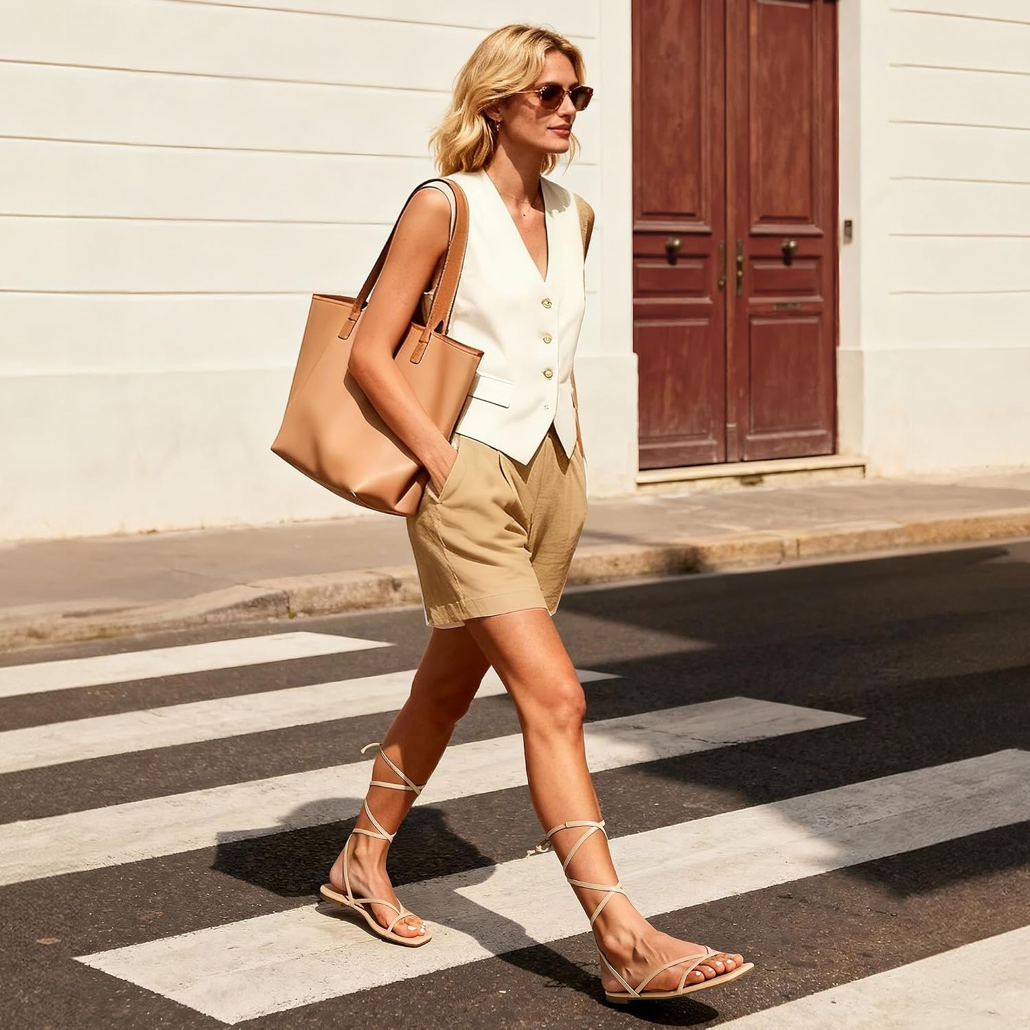 image:imageDREAM PAIRS Womens Strappy Lace Up Summer Flat Sandals Comfortable Thong Design Gladiator Dressy Square Toe Tie Up Sandals for Walking Beach Vocation City Walks TravelNude