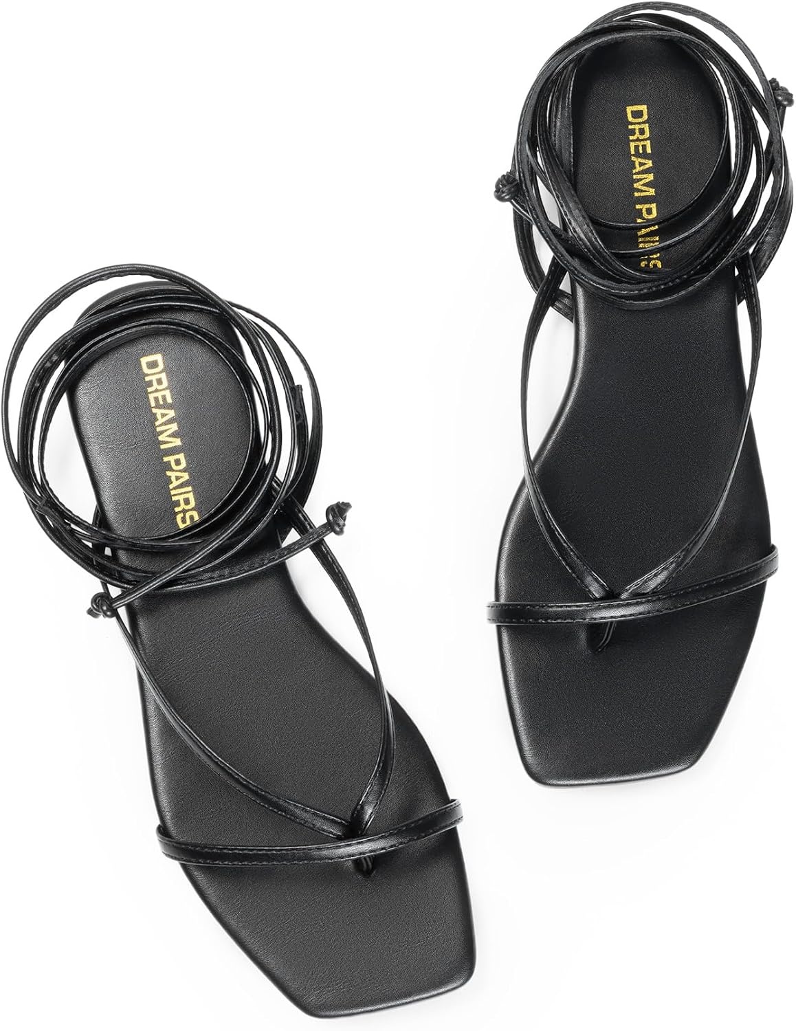 image:imageDREAM PAIRS Womens Strappy Lace Up Summer Flat Sandals Comfortable Thong Design Gladiator Dressy Square Toe Tie Up Sandals for Walking Beach Vocation City Walks TravelBlack