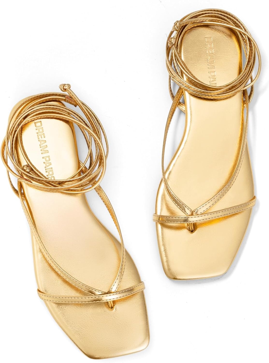 image:imageDREAM PAIRS Womens Strappy Lace Up Summer Flat Sandals Comfortable Thong Design Gladiator Dressy Square Toe Tie Up Sandals for Walking Beach Vocation City Walks TravelGold