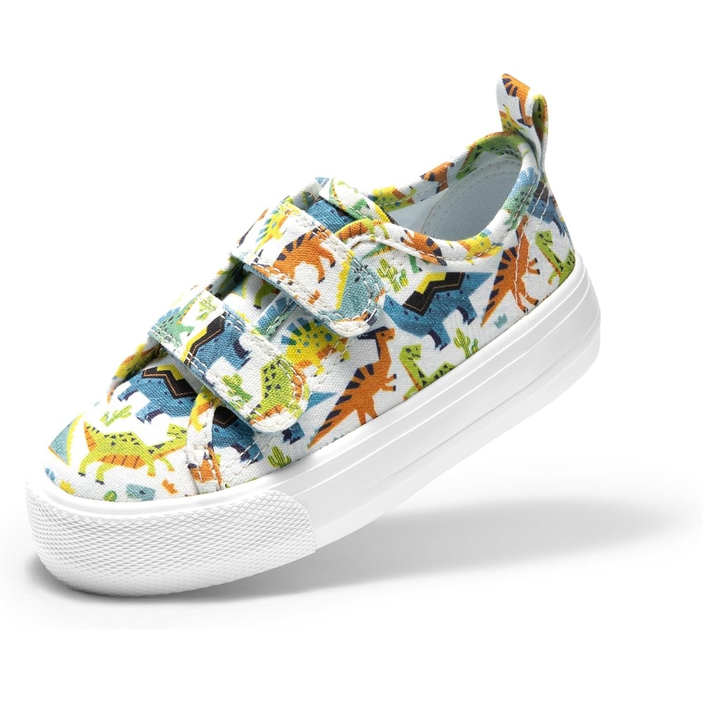 image:imageDREAM PAIRS Kids Sneakers Hook amp Loops Playful cartoon design Breathable upper Lightweight Girls toddler Canvas ShoesBlueDinosaur