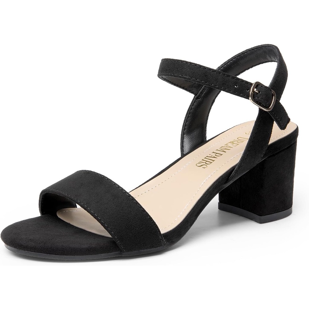 image:imageDREAM PAIRS Womens Chunky Low Heeled Sandals Comfortable Open Toe Ankle Strap Classic Short Block Sandals with Buckle for Daily Work Wedding PartyBlacksuede