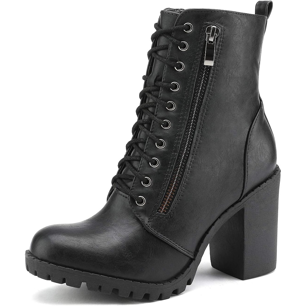image:imageDREAM PAIRS Womens Combat Ankle Chunky Heel Lace up Booties Fashion High Heeled Ankle Booties Side zipper and adjustable lace up closure design for easy onoffBlack