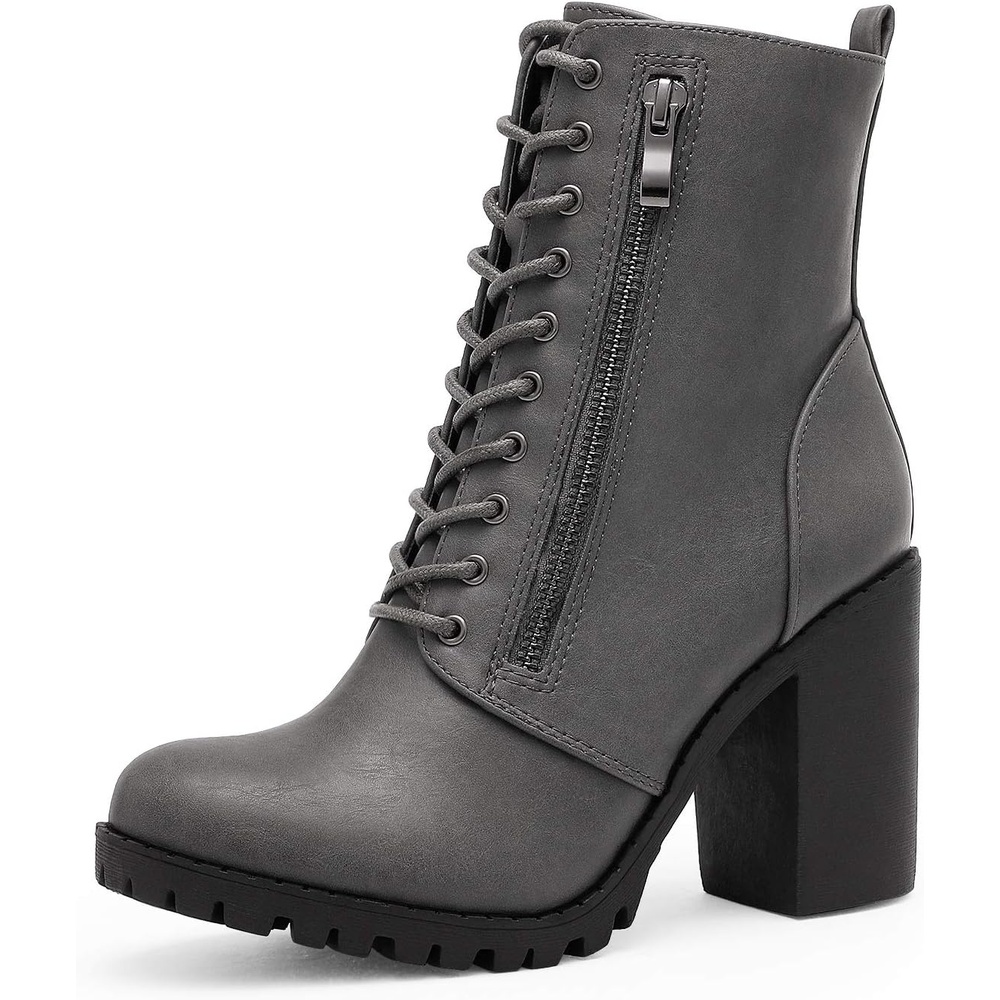 image:imageDREAM PAIRS Womens Combat Ankle Chunky Heel Lace up Booties Fashion High Heeled Ankle Booties Side zipper and adjustable lace up closure design for easy onoffGreyPu