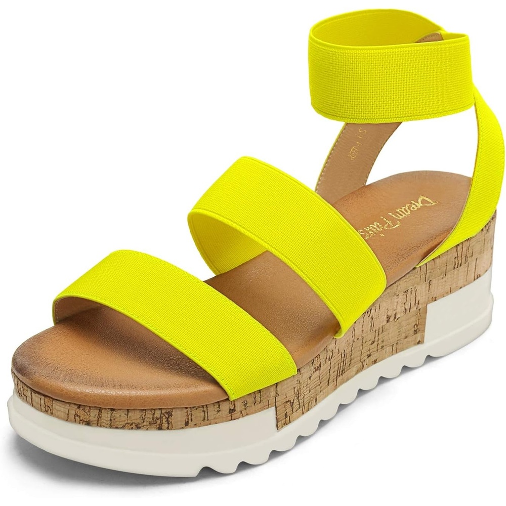 image:imageDREAM PAIRS Womens Open Toe Elastic Platform Wedge Sandals  Lightweight flatform sandals with a cushioned footbed for walking vacations shopping and allday comfortNeonLime