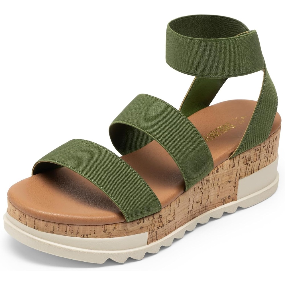 image:imageDREAM PAIRS Womens Open Toe Elastic Platform Wedge Sandals  Lightweight flatform sandals with a cushioned footbed for walking vacations shopping and allday comfortArmy Green