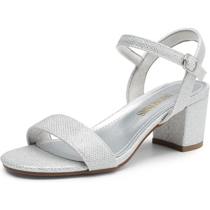 DREAM PAIRS Women’s Chunky Low Heeled Sandals | Comfortable Open Toe Ankle Strap Classic Short Block Sandals with Buckle for Daily Work Wedding Party(Silver-glitter)