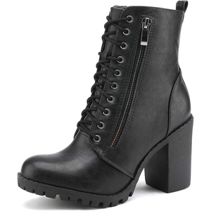DREAM PAIRS Women’s Combat Ankle Chunky Heel Lace up Booties | Fashion High Heeled Ankle Booties Side zipper and adjustable lace up closure design for easy on/off(Black)
