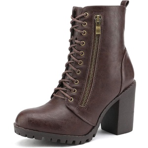 DREAM PAIRS Women’s Combat Ankle Chunky Heel Lace up Booties | Fashion High Heeled Ankle Booties Side zipper and adjustable lace up closure design for easy on/off(Brown)