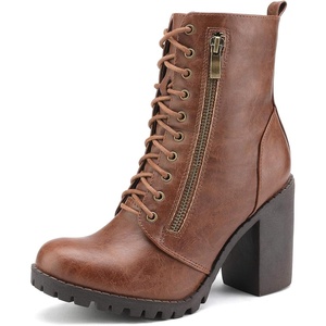 DREAM PAIRS Women’s Combat Ankle Chunky Heel Lace up Booties | Fashion High Heeled Ankle Booties Side zipper and adjustable lace up closure design for easy on/off(Tan)