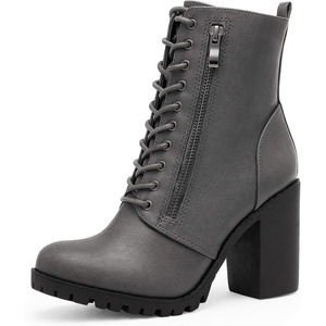 DREAM PAIRS Women’s Combat Ankle Chunky Heel Lace up Booties | Fashion High Heeled Ankle Booties Side zipper and adjustable lace up closure design for easy on/off(Grey/Pu)