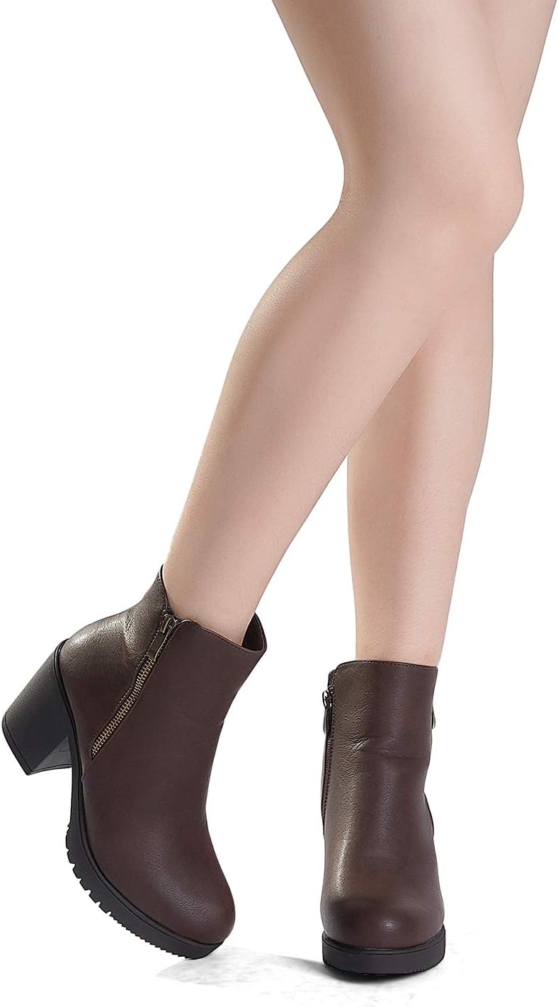 image:imageDREAM PAIRS Womens Chunky Heel Platform Ankle BootsBrownPu