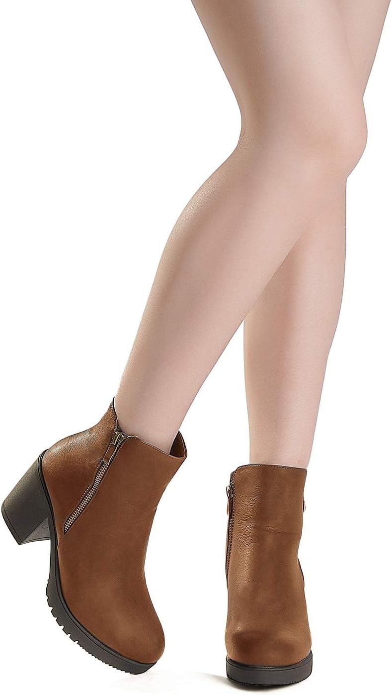image:imageDREAM PAIRS Womens Chunky Heel Platform Ankle BootsTanPu