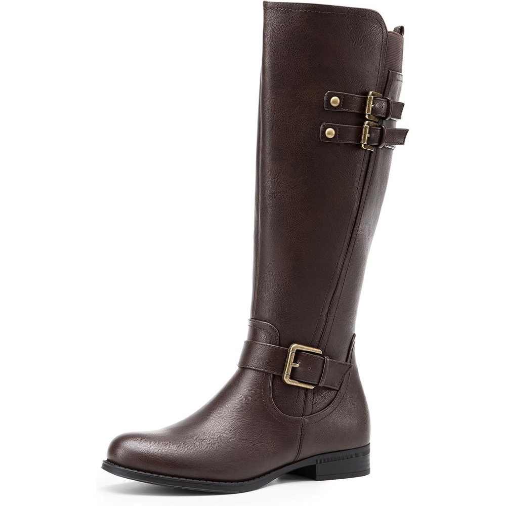 image:imageDREAM PAIRS Womens Knee High Riding Buckle BootsBrown